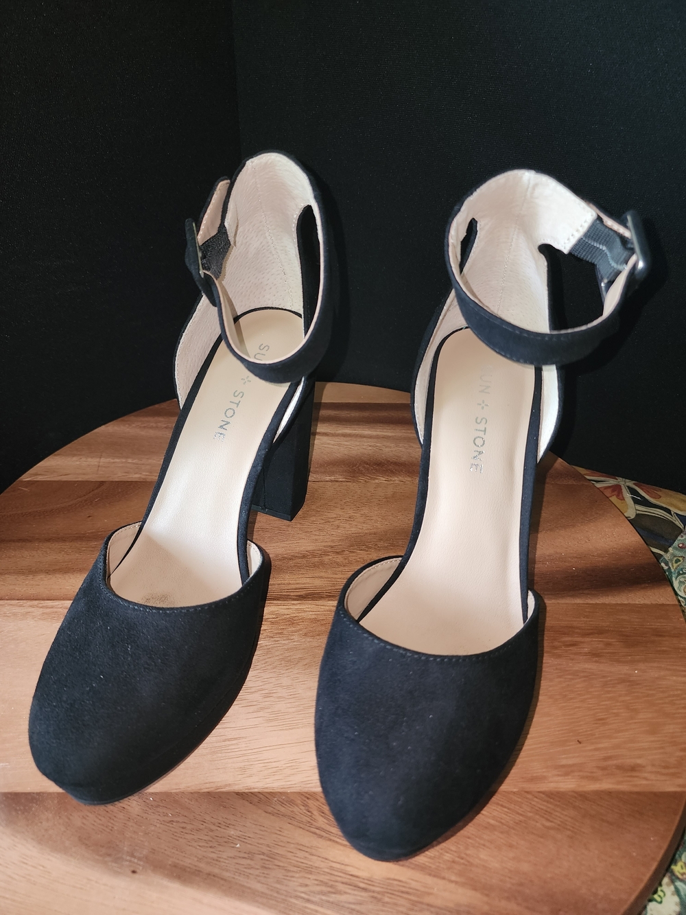 Sun + Stone Black Suede Ankle-Strap Block Heels